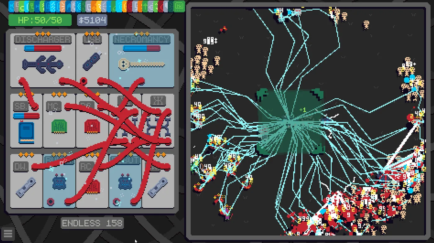 Wireworks Endless run at wave 158 with a dense wiring board and huge enemy horde on screen
