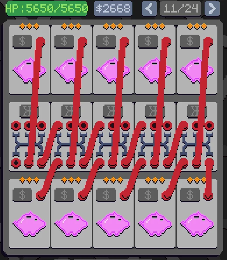 A late-game Piggy Bank economy board in Wireworks, five columns of paired Piggy Bank and Processor modules generating passive income