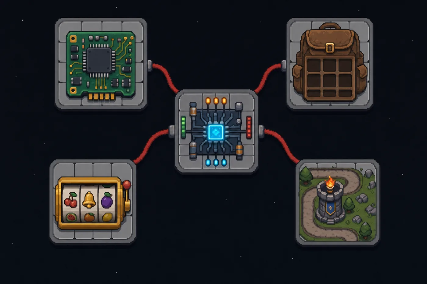 Four genre neighbors wired to one core: circuit-building, backpack inventory grids, slot-machine luck, and lane tower defense