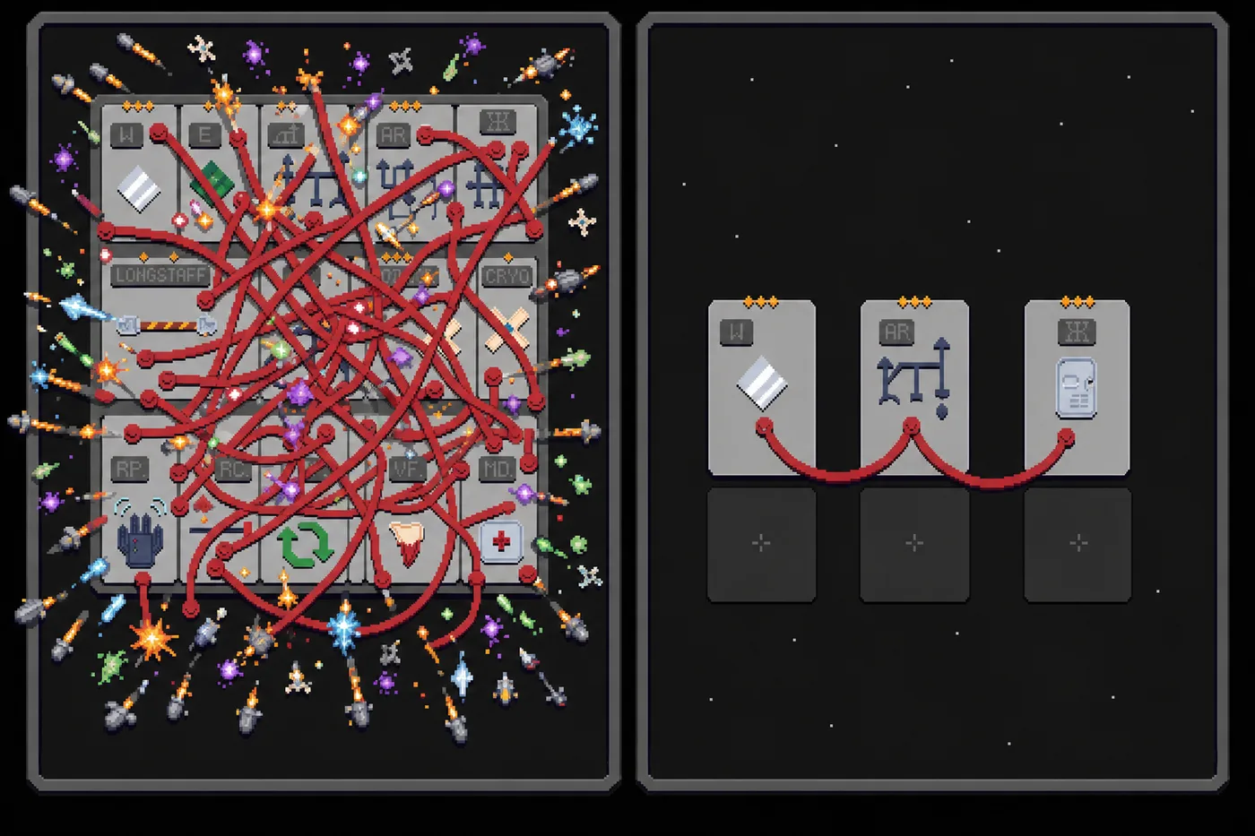 Effect-heavy chaotic board versus a lean minimal board — the visual difference between a lag-bound and a smooth Endless run