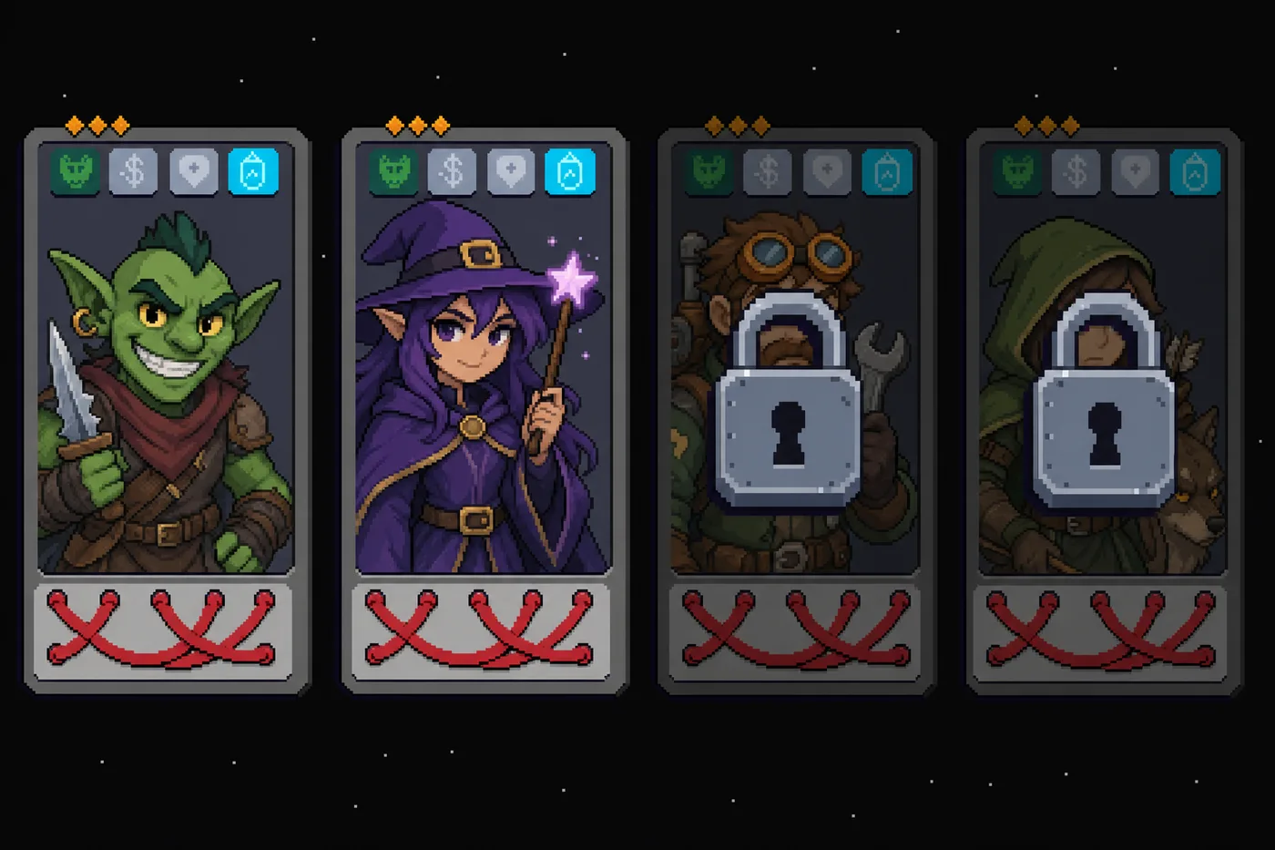The character roster: Goblin and Wizard available from the start, Tinker and Hunter locked behind unlock conditions