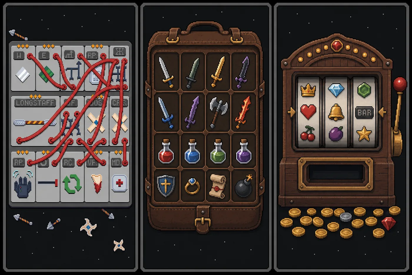 Three flavors of item-synergy roguelite: a wired module board, a backpack inventory grid, and a slot machine