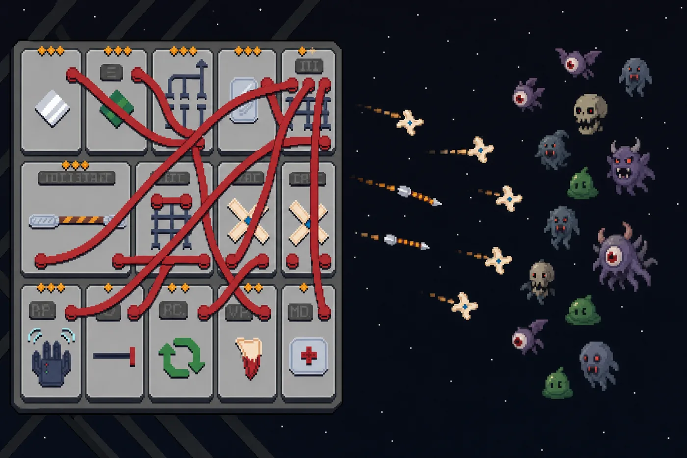 A Wireworks module board wired with red cables firing projectiles at an incoming wave of pixel monsters